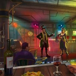 Impression of a steampunk restaurant with show on board of a cruise, detail. For Leisure Expert Group.