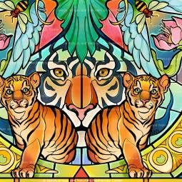 Naturalis Museum. Ceiling lamp 2 in the 'Babies' section. Detail. Dedicated to endangered species. Stained glass design. Digital print