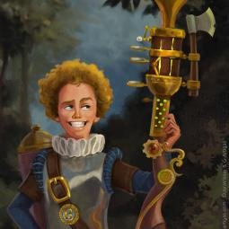 Character design in old painting style for the queue line of a dark ride. Poland. JoraVision.