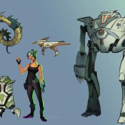 Main character and robot sidekick options for a VR videogame III